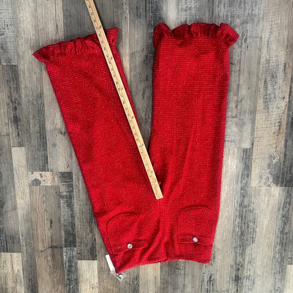 Maeve Anthropologie Red Boucle Tweed Ruffle Hem Wide Leg Pants Crystal Button - Picture 8 of 12